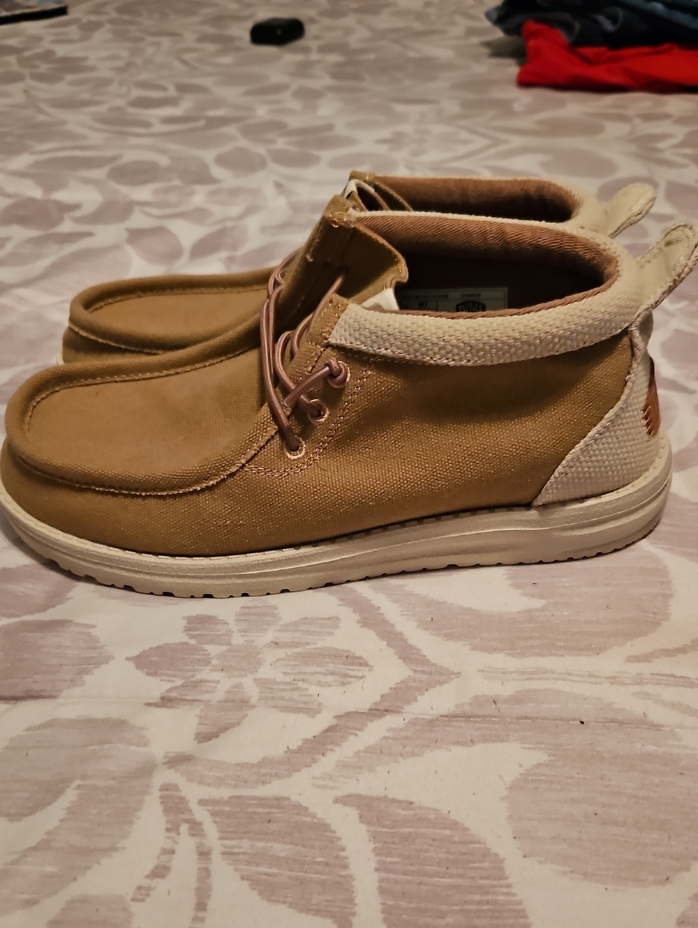 Hey Dude Men's Tan Canvas Slip-On Loafers with Cream Collar - Picture 3 of 6